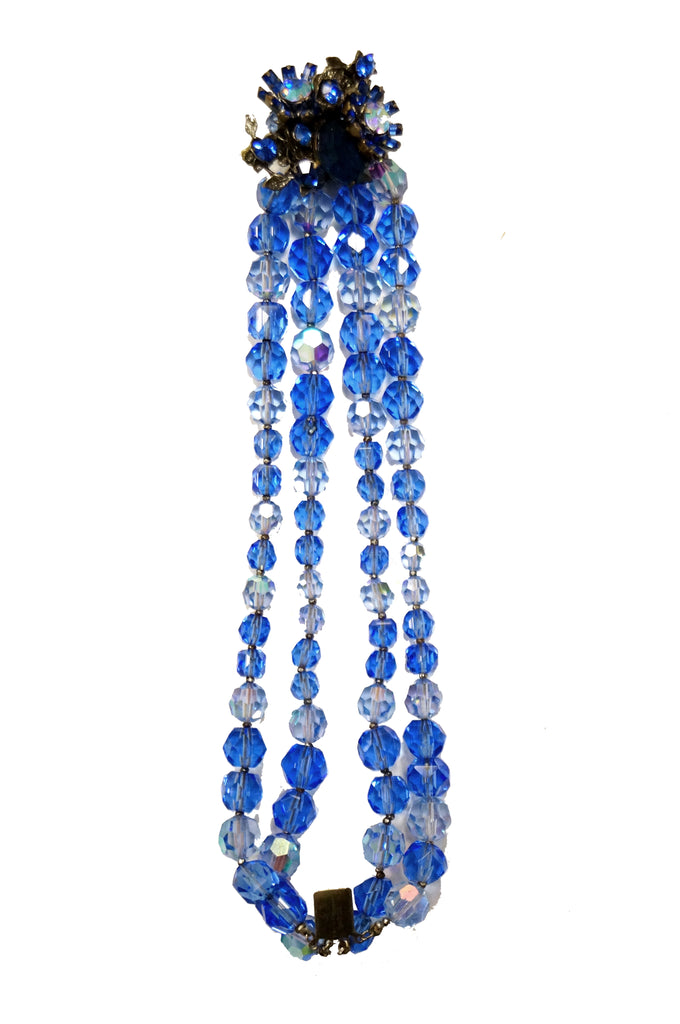 1950s DeMario Blue Beaded Floral Brooch and Bracelet Set