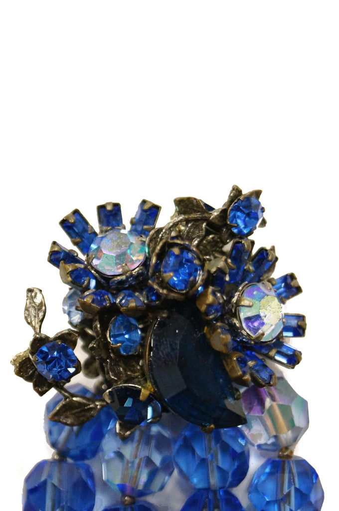 1950s DeMario Blue Beaded Floral Brooch and Bracelet Set