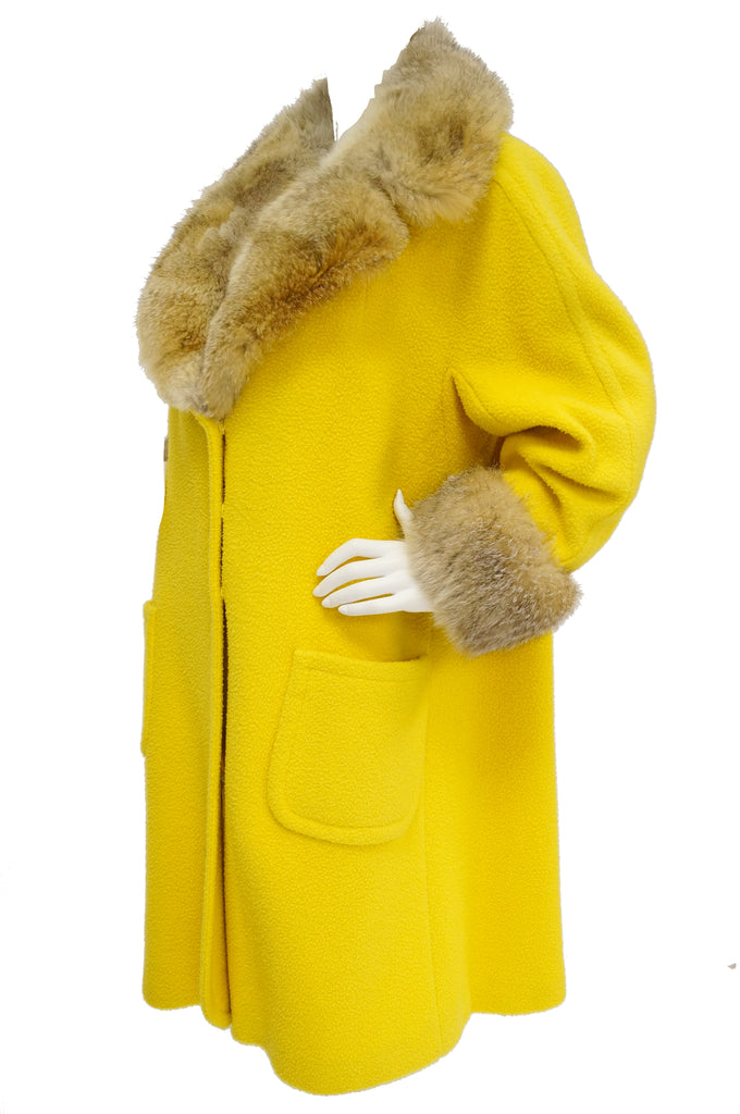 1960s Canary Yellow Boucle Wool Coat with Fox Fur Collar and Cuffs