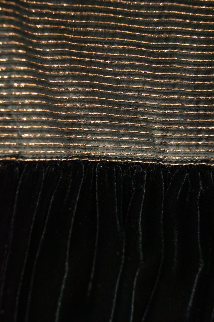 1970s Adele Simpson Black Velvet Gold Metallic Obi Evening Dress