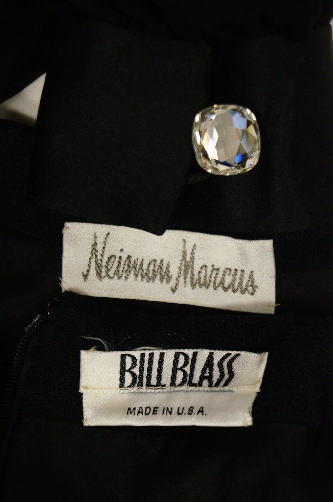1970s Bill Blass Black Bubble Skirt Cocktail Dress w/ Large Rhinestone Cuffs