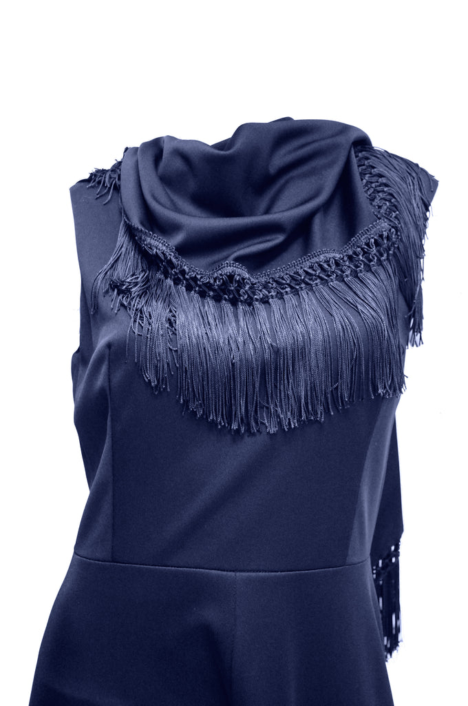 1970s Blue Palazzo and Fringe Knit Wear Jumpsuit