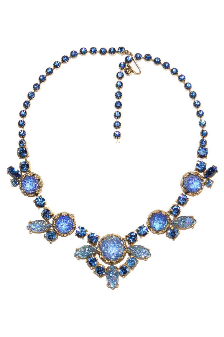 1950s Elsa Schiaparelli Iridescent Blue Art Glass & Rhinestone Necklace