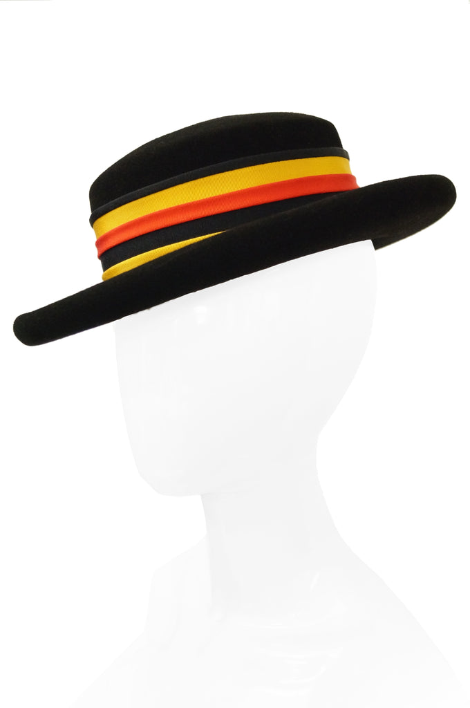 1980s Adolfo Black Felt Hat with Yellow and Orange Ribbon