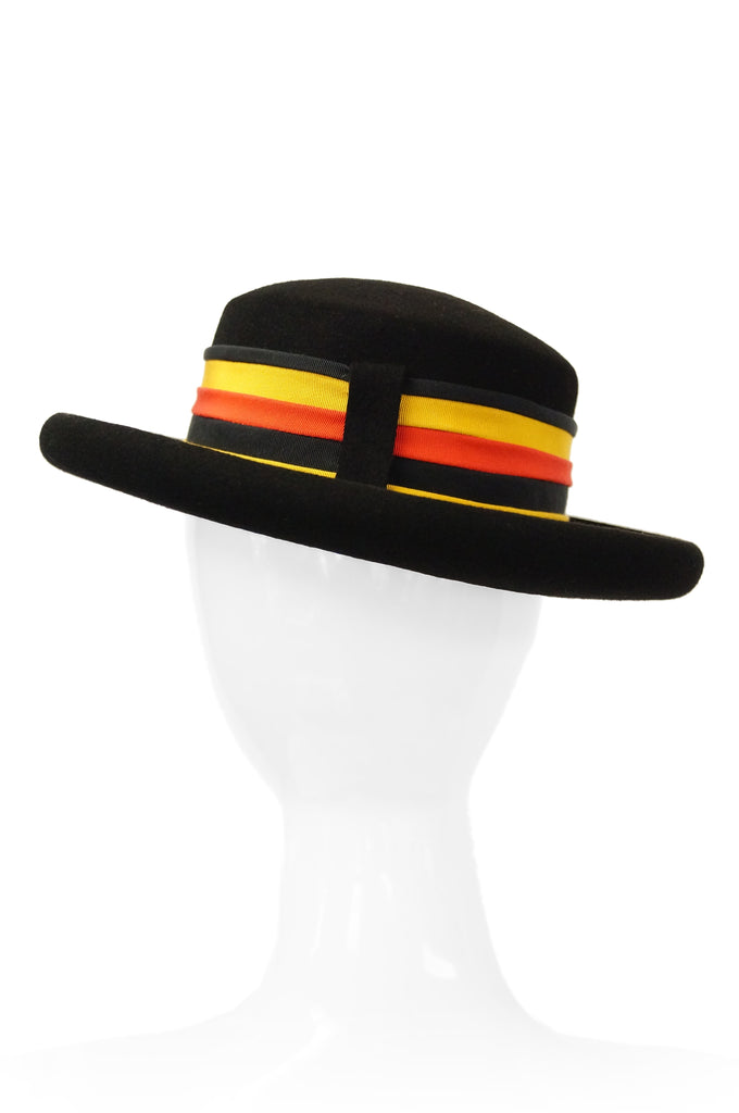 1980s Adolfo Black Felt Hat with Yellow and Orange Ribbon