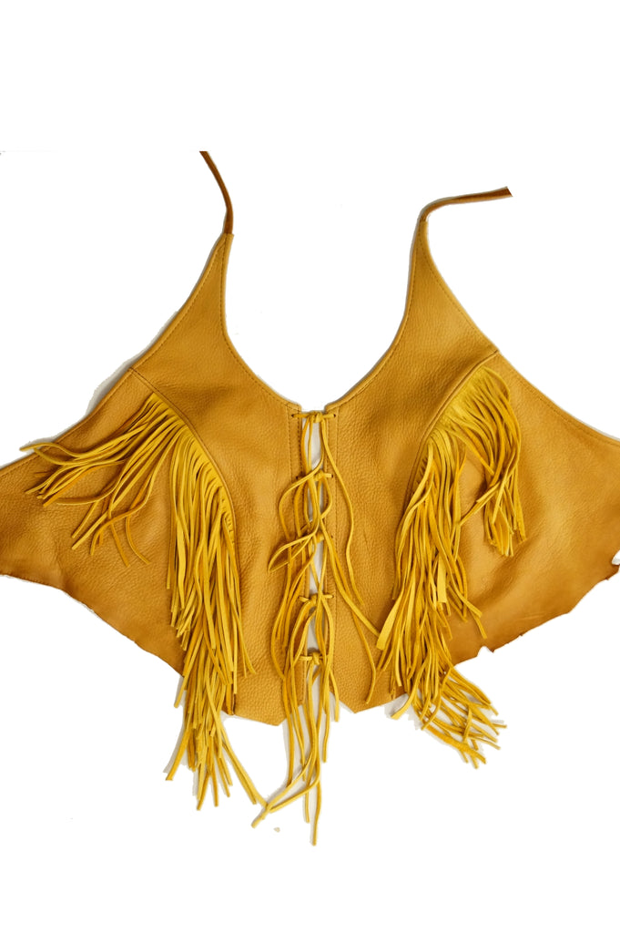 1990s Tan Leather Fringed Halter Top