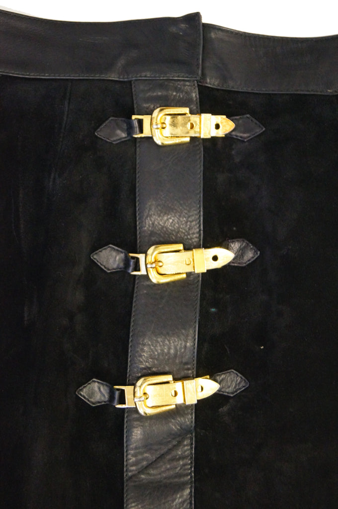 1970s Gucci Black Leather and Suede Buckle Skirt