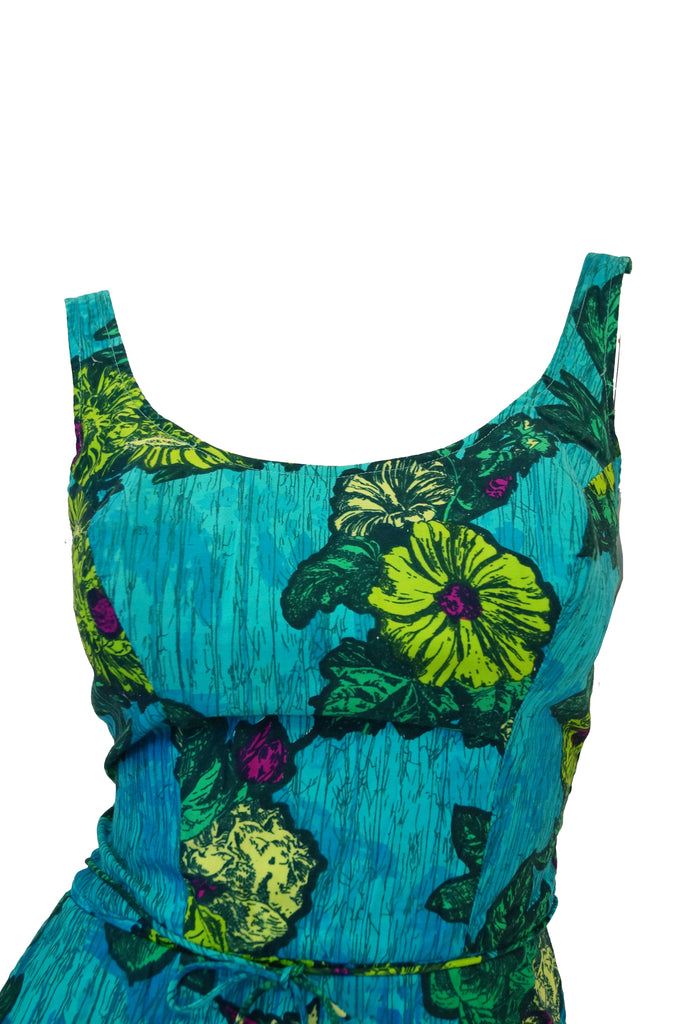 1960s Rose Marie Reid Blue Floral Swimsuit and Cover-up