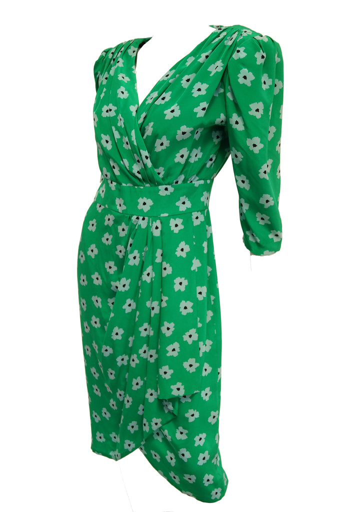 1980s Nina Ricci Green Floral Silk Dress