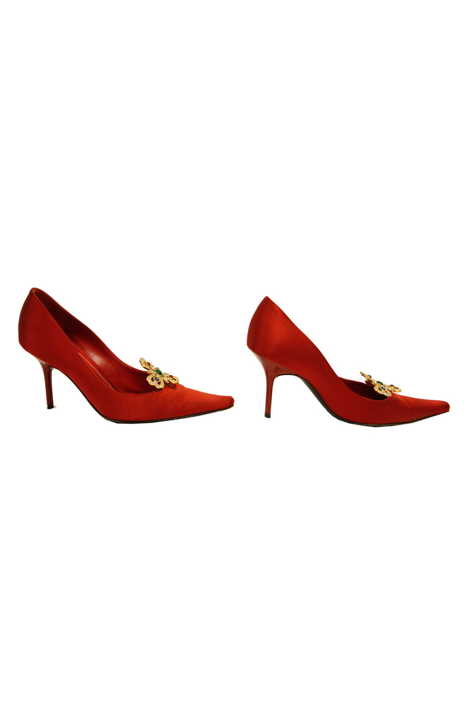 Rene Caovilla Red Satin Pointed Heels with Gold and Rhinestone Accent