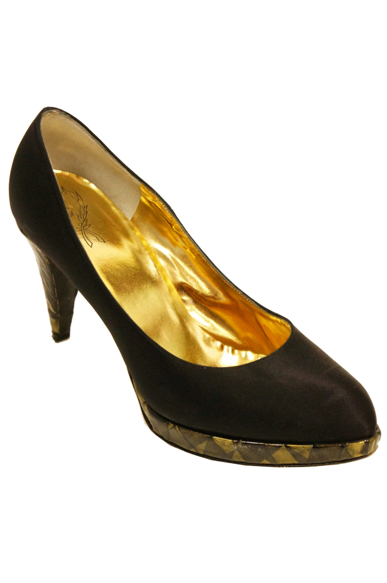 1980s Rodo Black Satin Pumps with Gold Stained Glass Style Heel