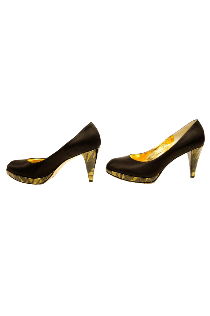 1980s Rodo Black Satin Pumps with Gold Stained Glass Style Heel