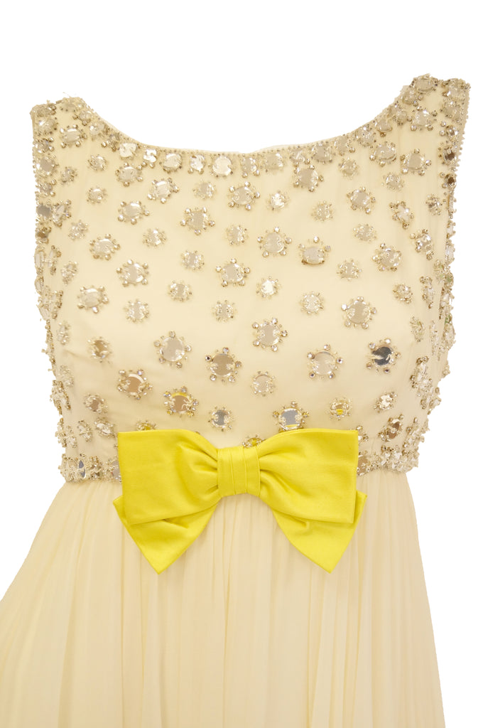1960s Lillie Rubin Cream Dress with Neon Yellow Bow and Mirror Sequin Detail
