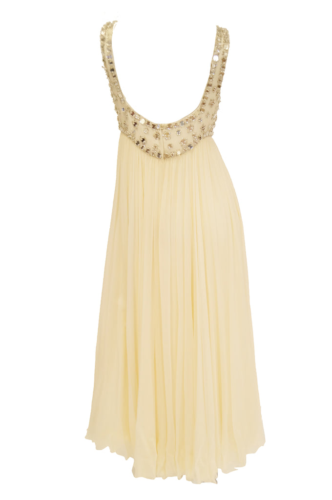 1960s Lillie Rubin Cream Dress with Neon Yellow Bow and Mirror Sequin Detail