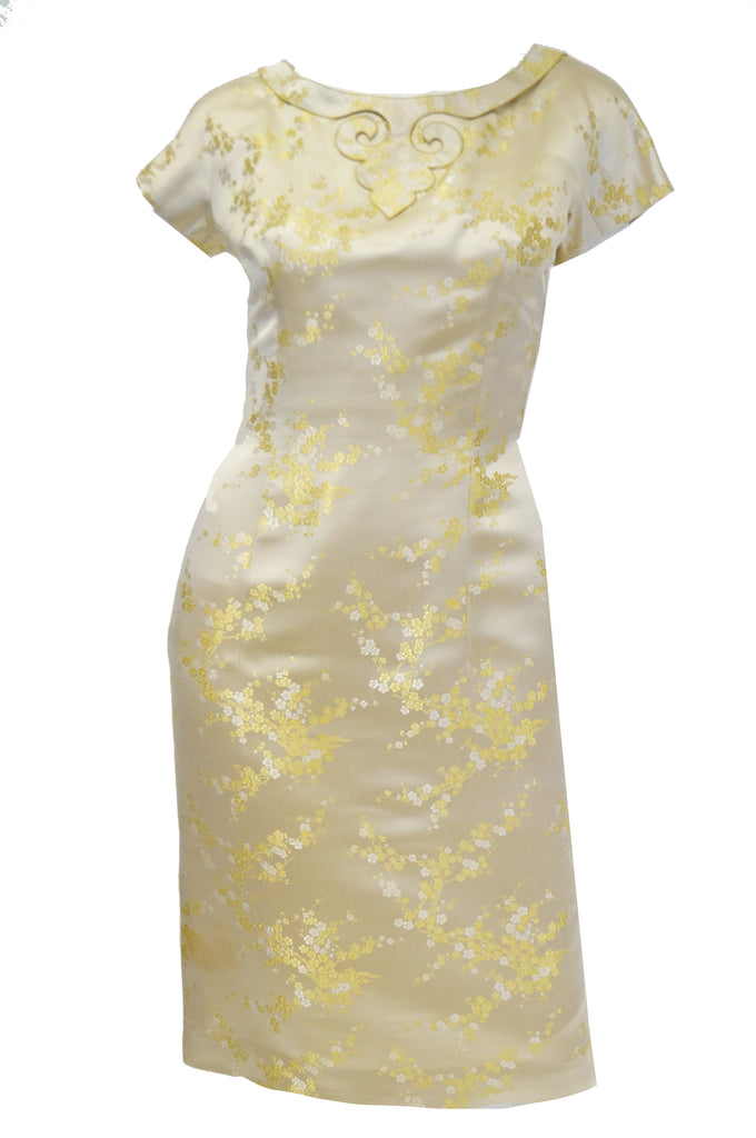 1960s Hong Kong Gold Cherry Blossom Floral Brocade Cocktail Dress and Coat