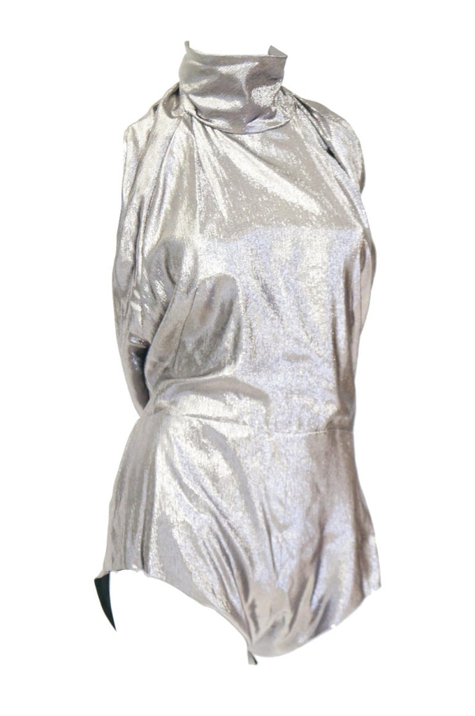 1970s NWT Pauline Trigere Silver Lame Halter Romper with Plunging Back, NWT