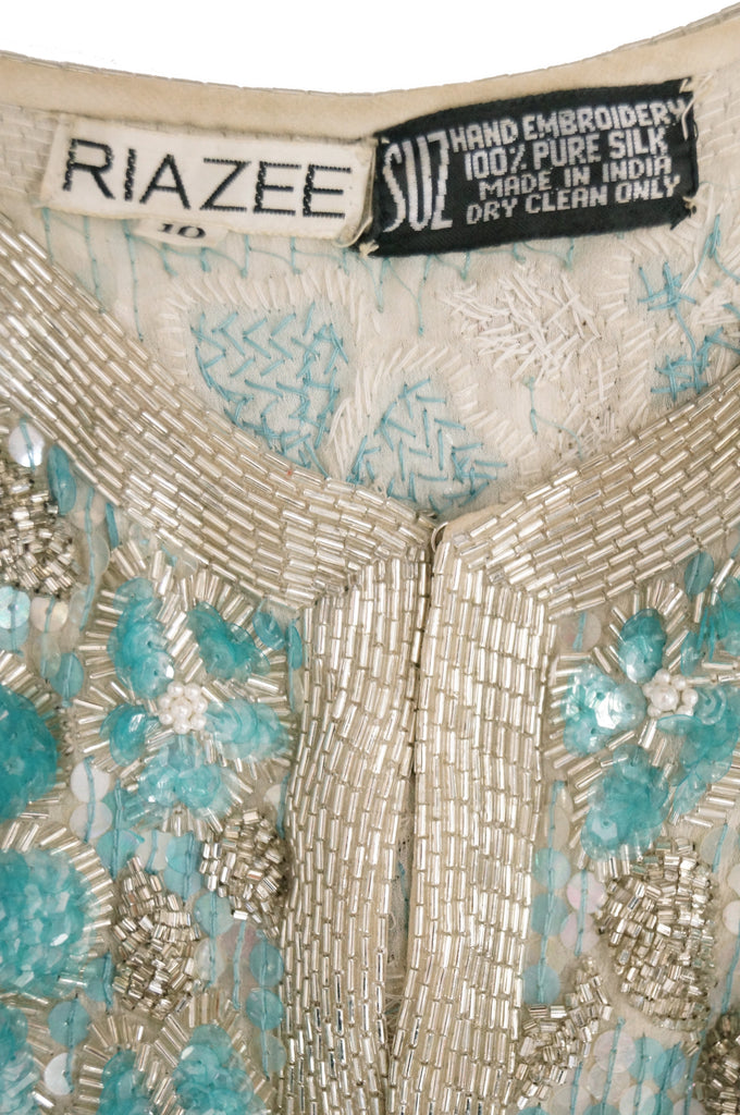 1980s Naeem Khan Silk Aqua Sequin & Beading Evening Ensemble W/ Tassel Jacket