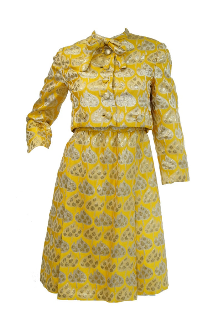 1960s Mollie Parnis Gold and Yellow Leaf Print Cocktail Dress