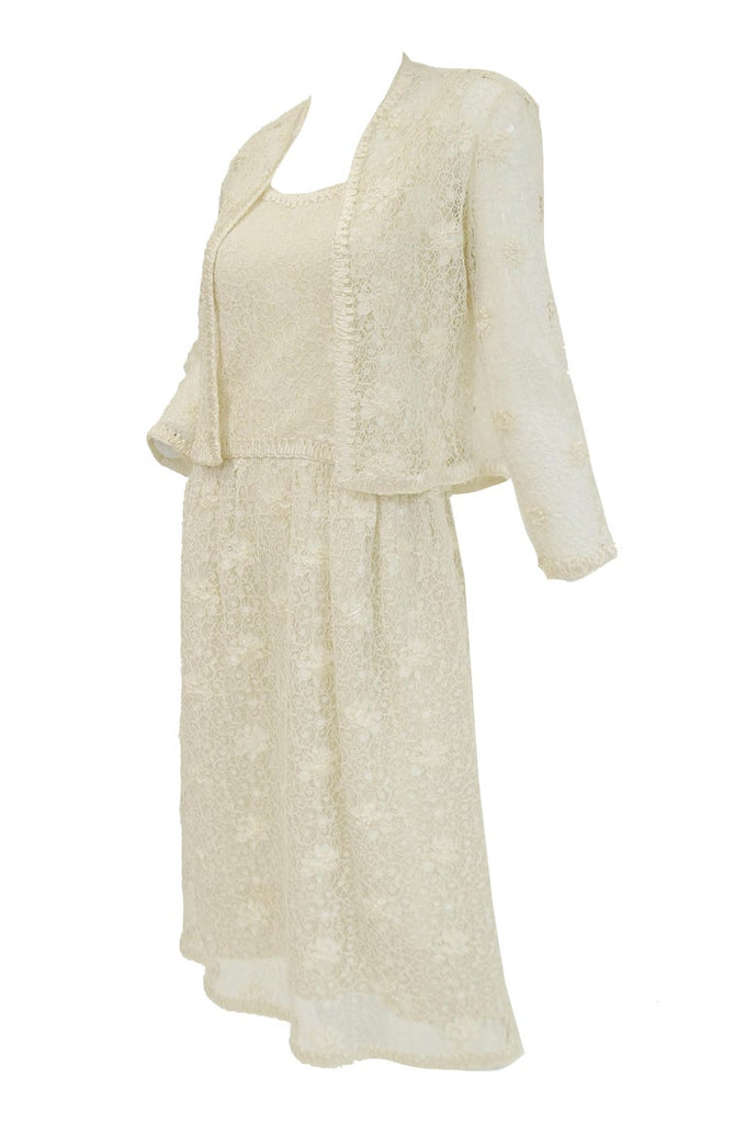 Rare 1960s Jean Louis Couture Ivory Lace and Ribbon Work Cocktail Dress and Jacket