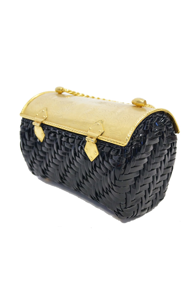 1950s Marcus Brothers Basket Weave Handbag w/ Floral Etched Gold Lid