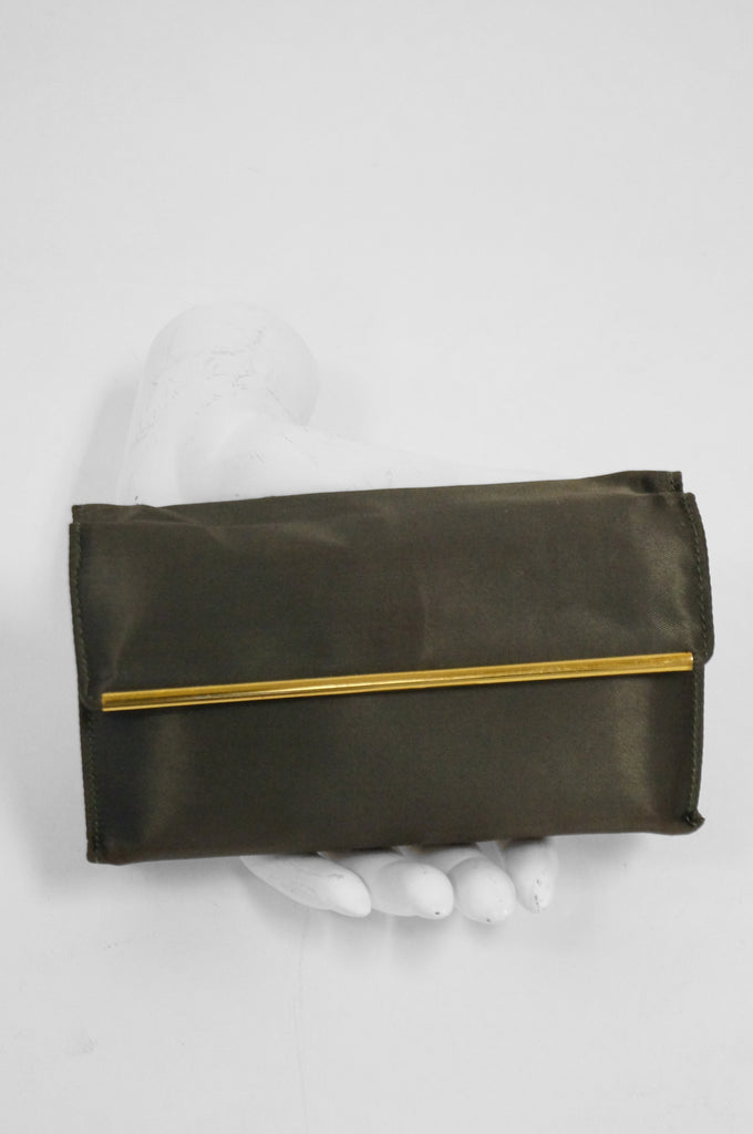 1950s Evans Green Satin Clutch w/ Gold Tone Compact and Accessories