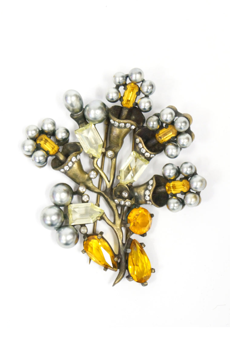 1940s Eisenberg Original Rhinestone Floral Brass Bouquet Fur Clip