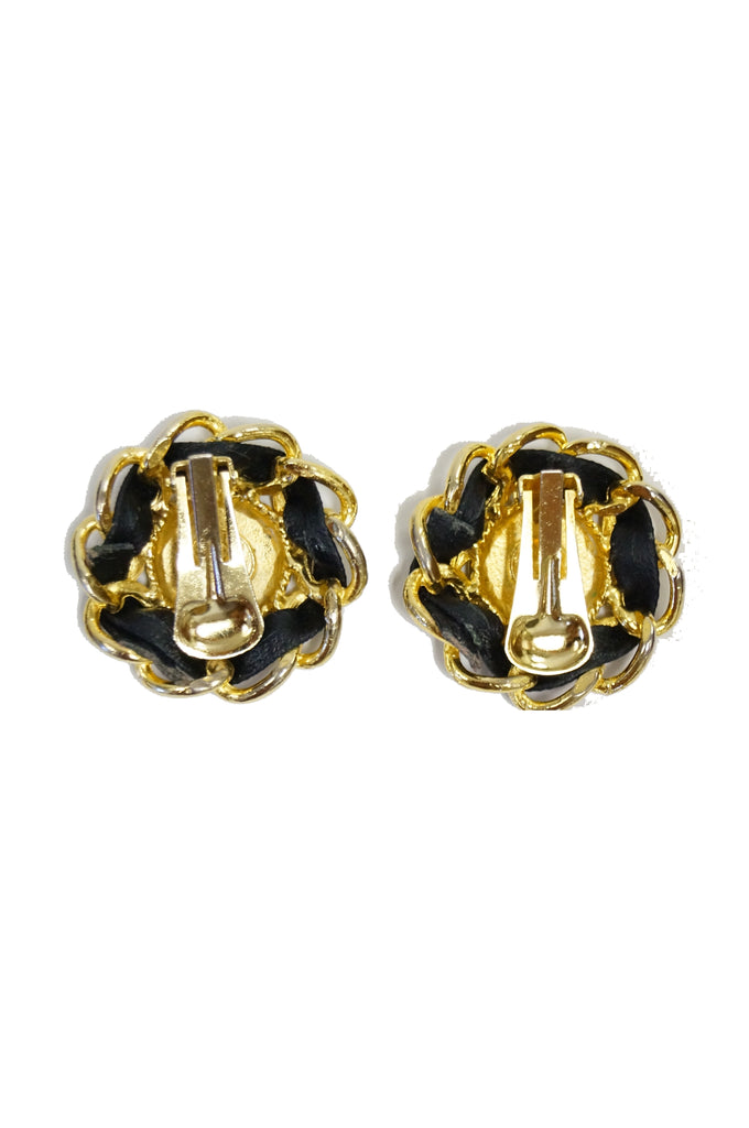 1980s Chanel Logo Gold and Leather Clip Earrings, Iconic