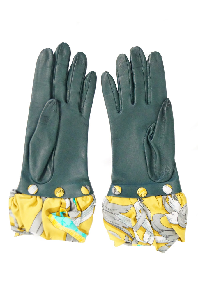 Hermes Green Calfskin Gloves W/ Optional Silk Scarf Cuff