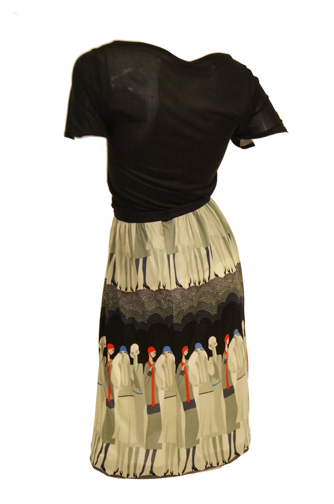 Vintage Jenast Paris Black and Olive Knit Wear 1920s Deco Print Skirt Set
