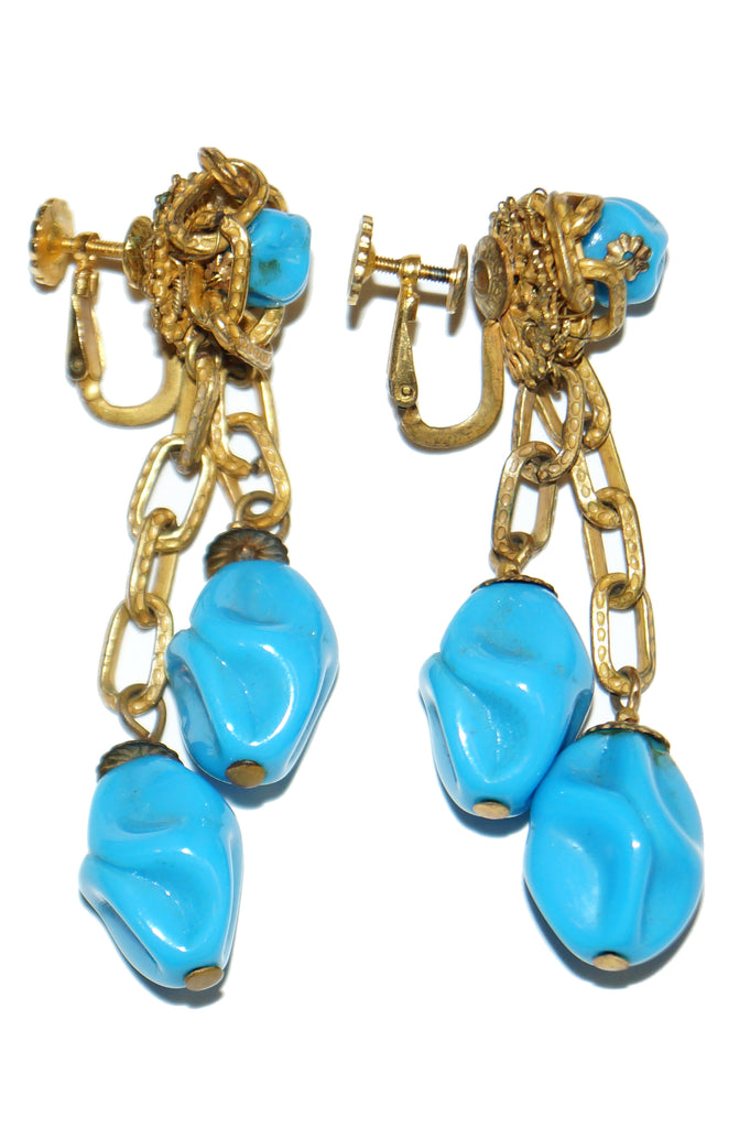 1950s Miriam Haskell Turquoise Art Glass Chain Accent Dangle Earrings
