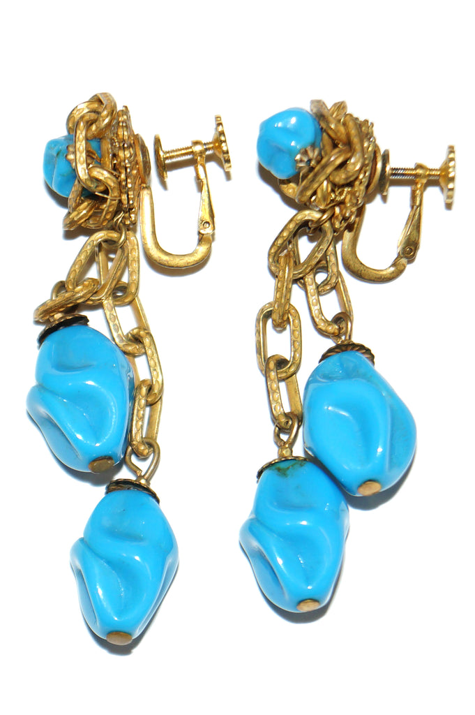 1950s Miriam Haskell Turquoise Art Glass Chain Accent Dangle Earrings