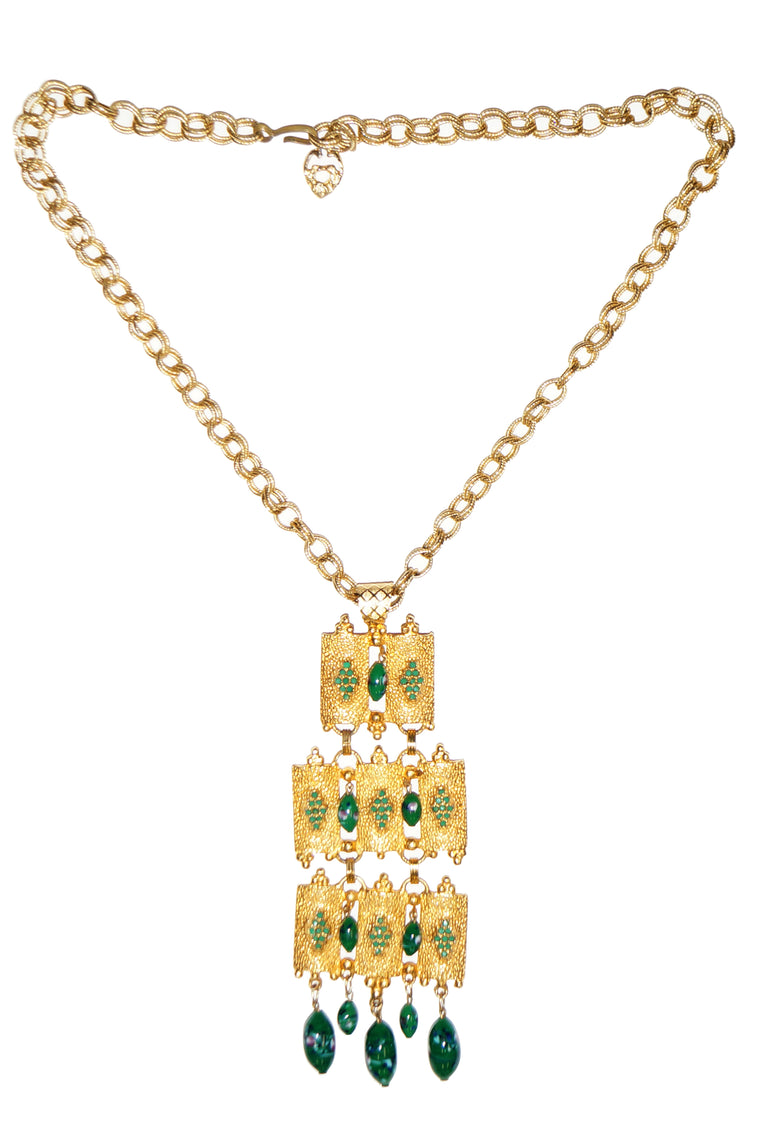 1960s Substantial Brutalist Articulated Gold Tone Jade Green Glass Necklace