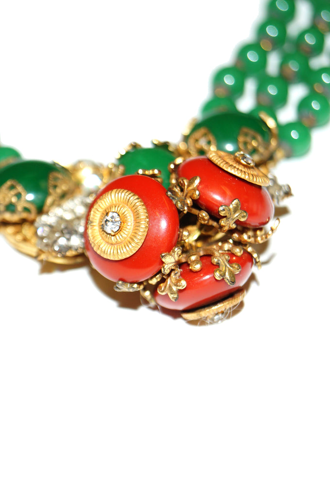 1950s Miriam Haskell Green and Red Glass and Rhinestone Floral Choker