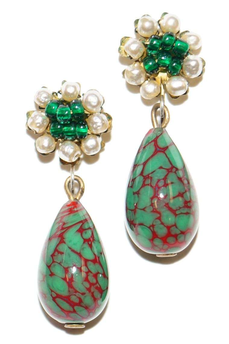 1950s Miriam Haskell Green and Red Poured Glass and Pearl Drop Earrings