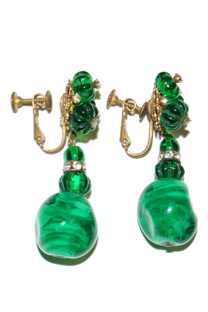 1950s Miriam Haskell Emerald Green Poured Glass and Rhinestone Drop Earrings