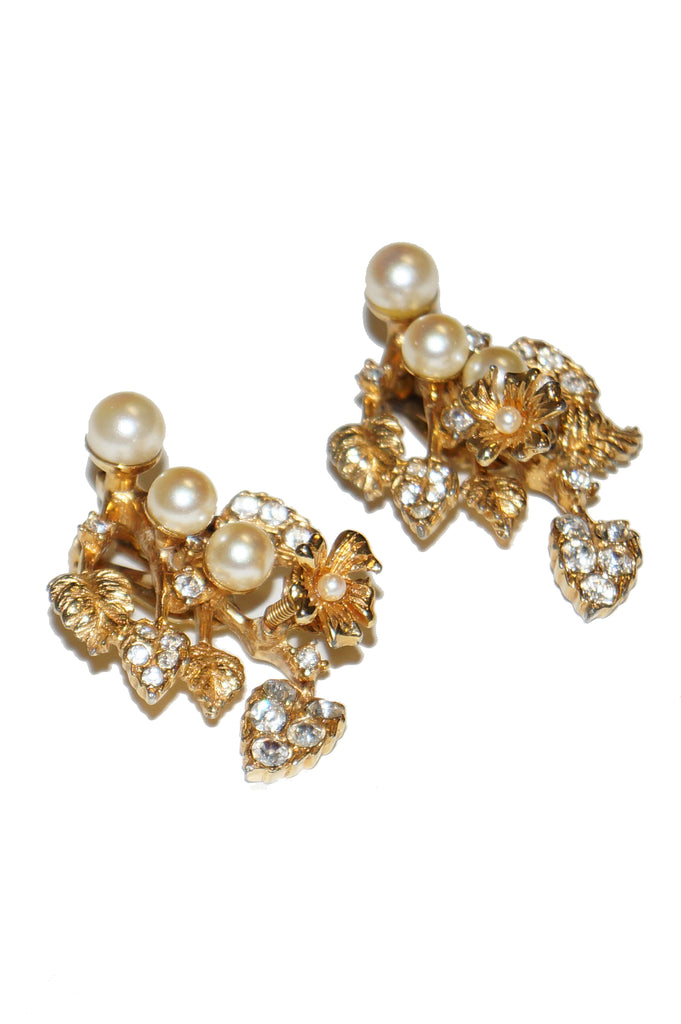 1960s Hattie Carnegie Floral Gold Tone Rhinestone Entremble Earrings