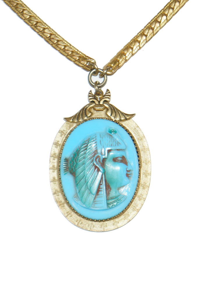 1970s Whiting & Davis Egyptian Revival Isis Cameo Necklace and Bracelet