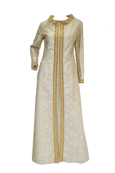 1960s Couture Metallic Gold Brocade Maxi Dress with Sequin and Pearl B