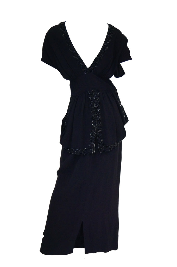 1930s Black Bias Crepe Silk Dress w/ Bead, Sequin, Bustle, & Keyhole Neckline
