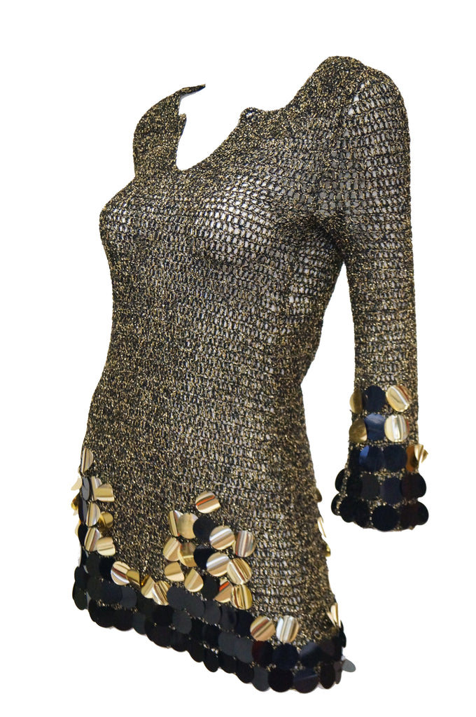 1960s Metallic Gold and Black Knit Wear Mini Dress