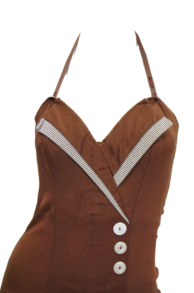 1950s Chocolate Brown Faux Wrap One Piece Sweetheart Swimsuit