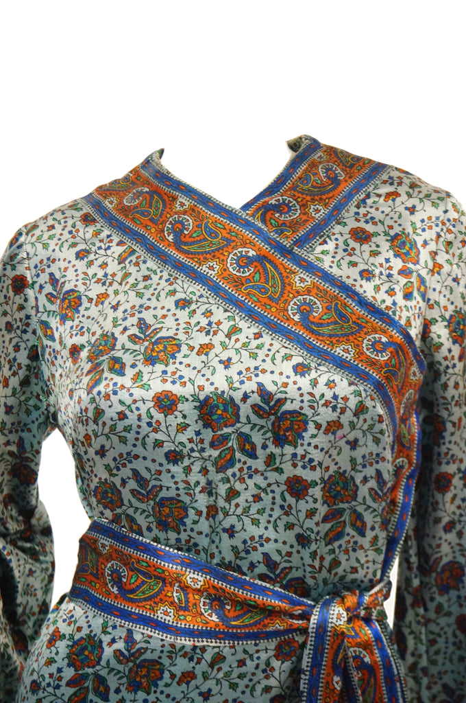 1960s Treacy Lowe Mercerized Cotton Handprinted India Wrap Dress