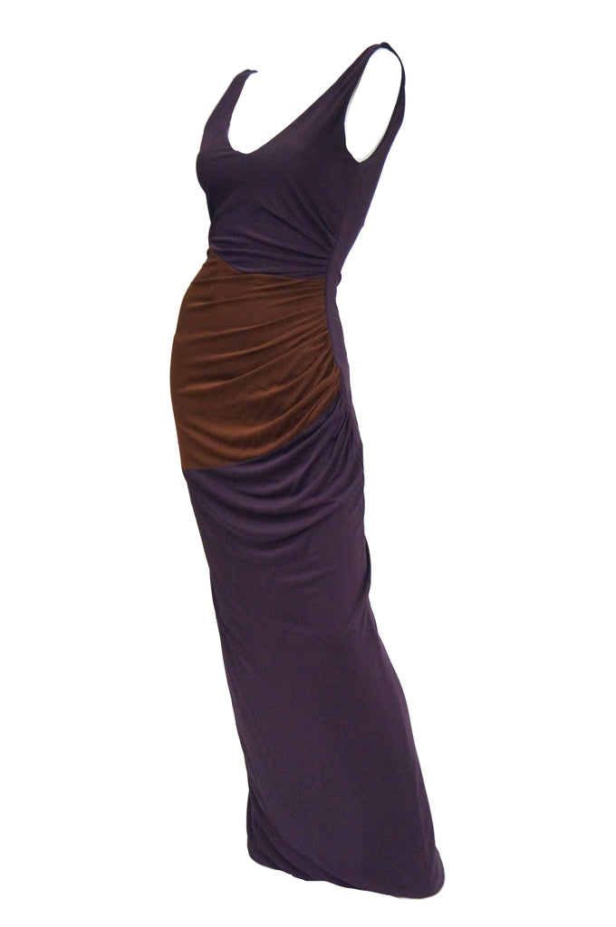 2007 Donald Deal Aubergine and Ginger Colorblock Drape Bodycon Evening Dress