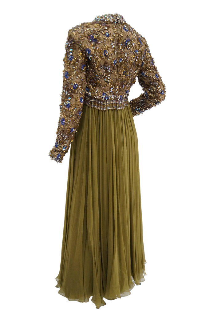 1960s George Halley Olive Green Silk Chiffon Beaded Bodice Evening Dress