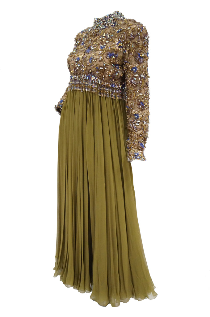 1960s George Halley Olive Green Silk Chiffon Beaded Bodice Evening Dress