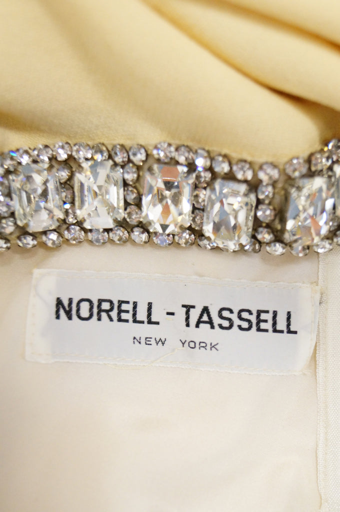 1960s Norman Norell Tassel Oversized Rhinestone Scoop Back Evening Dress