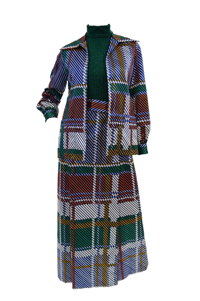 1970s Oscar de la Renta Green Plaid Satin & Knit Dress & Jacket Ensemble