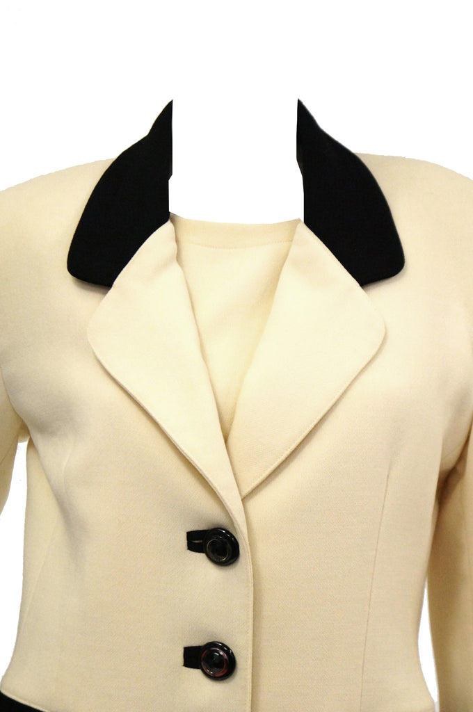 1980s Fontana Couture for Amen Wardy Cream and Black Scallop Suit Dress