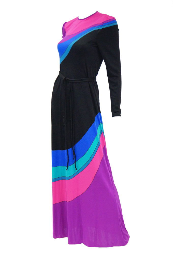 1970s Louis Feraud Vibrant Graphic Pink Blue and Black Swirl Knit Maxi Dress