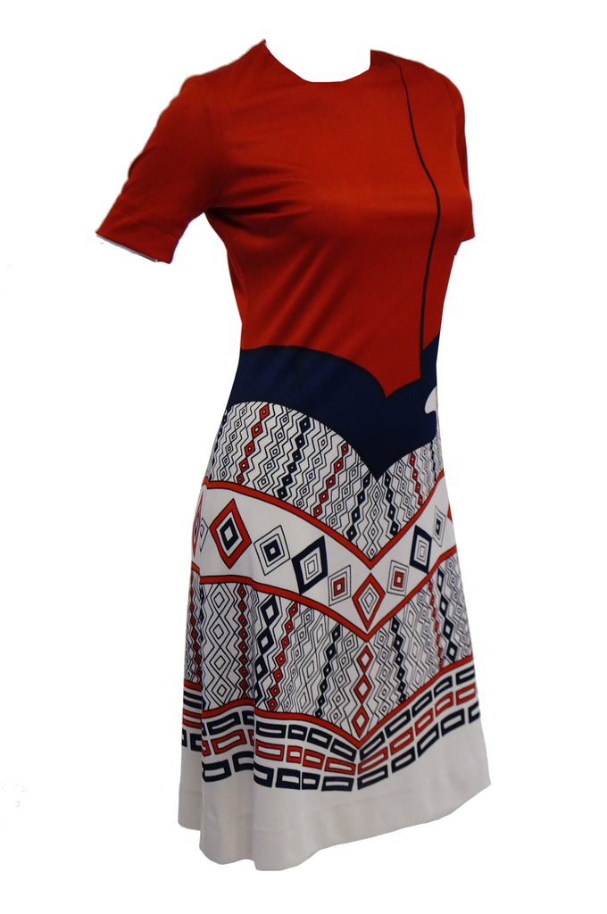 1970s Roberta di Camerino Red Blue and White Trompe L'oeil Dress